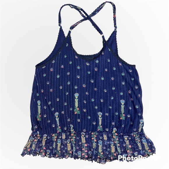 Vintage 1990s Free People tank top with lace accent and floral print, blue L - Picture 2 of 10